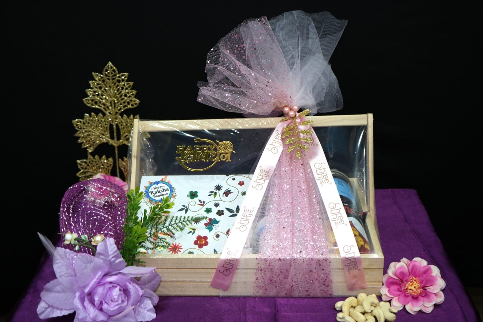 Elegant blue box gift hamper with festive treats