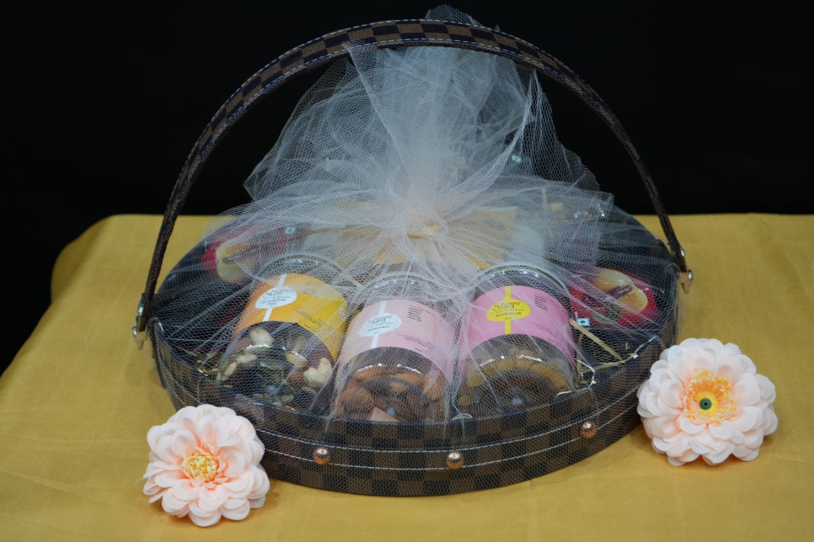 A neatly arranged hamper presented in a premium gift basket