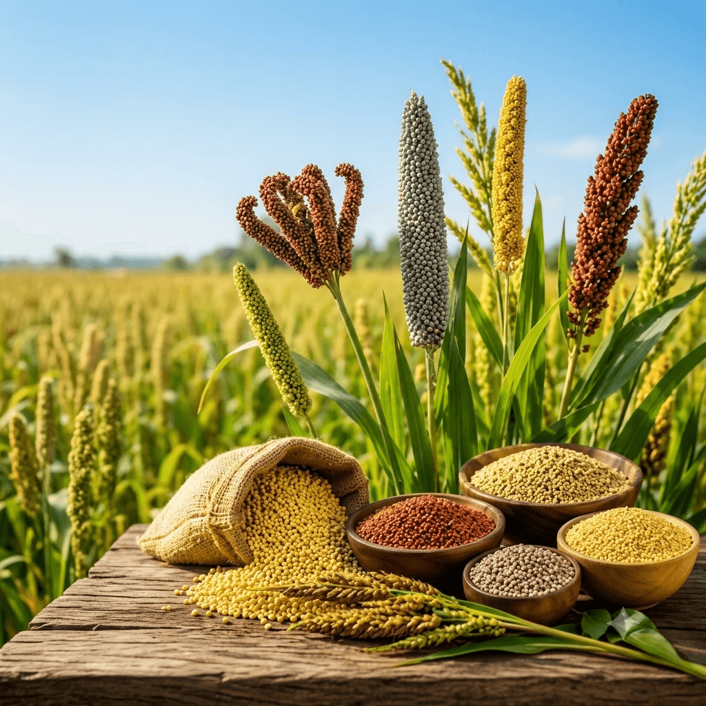 Millet crops and bowls of different millets in a rural Indian landscape