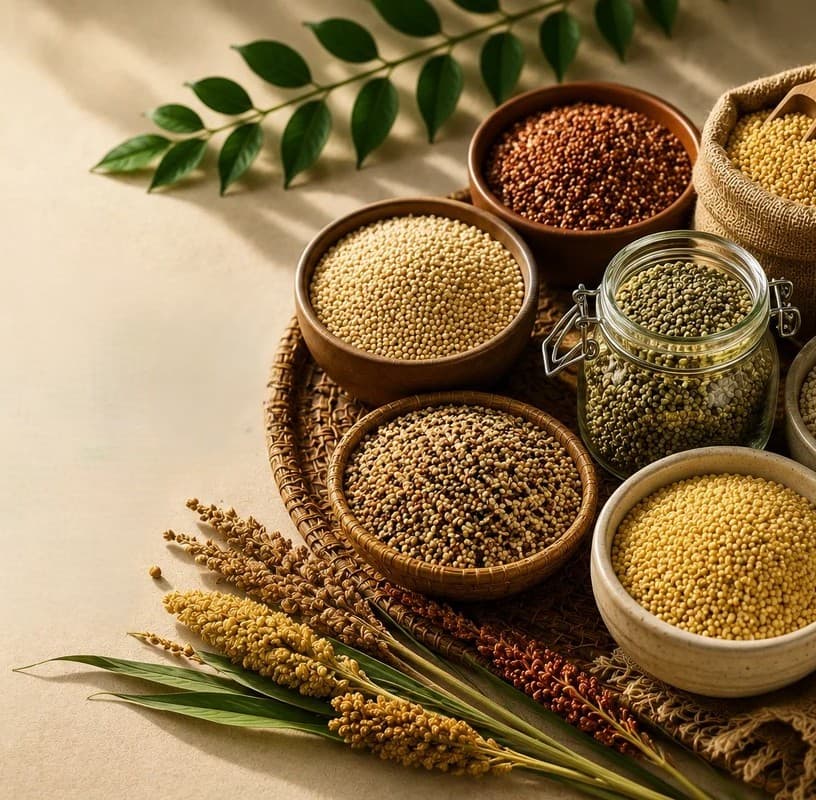 Millet crops growing in a field with bowls of jowar, ragi, bajara, foxtail millet and little millet